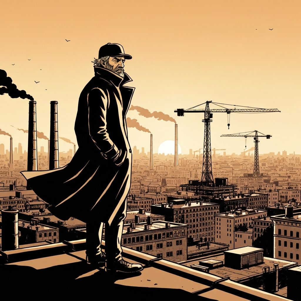 A lone figure on a rooftop overlooking a city skyline at dawn